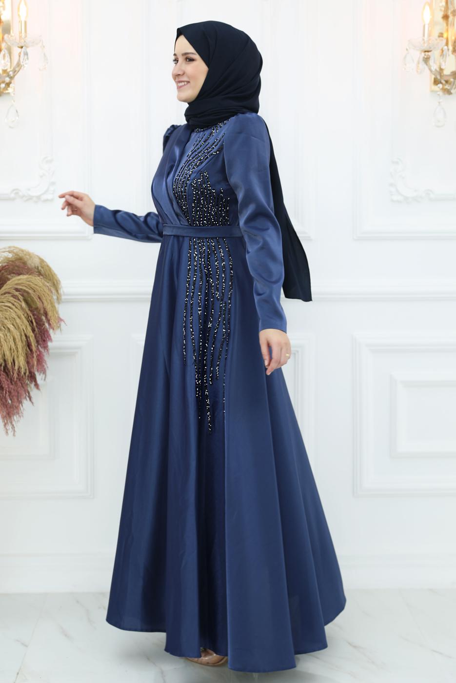 Tesettür giyim LACİVERT TAŞ DETAYLI ABİYE ELBİSE T 8553