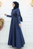 Tesettür giyim LACİVERT TAŞ DETAYLI ABİYE ELBİSE T 8553