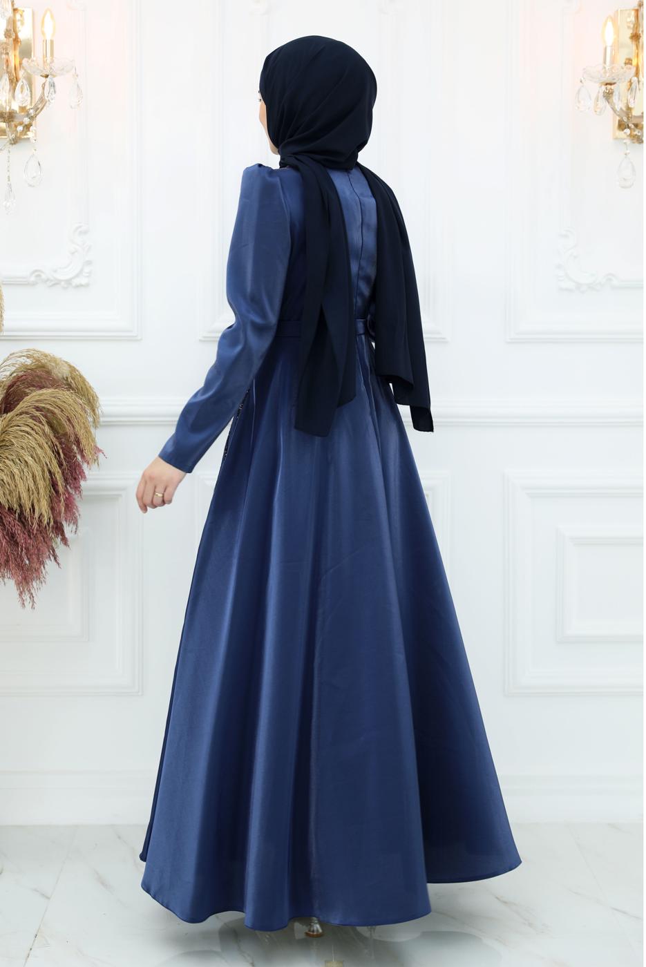 Tesettür giyim LACİVERT TAŞ DETAYLI ABİYE ELBİSE T 8553