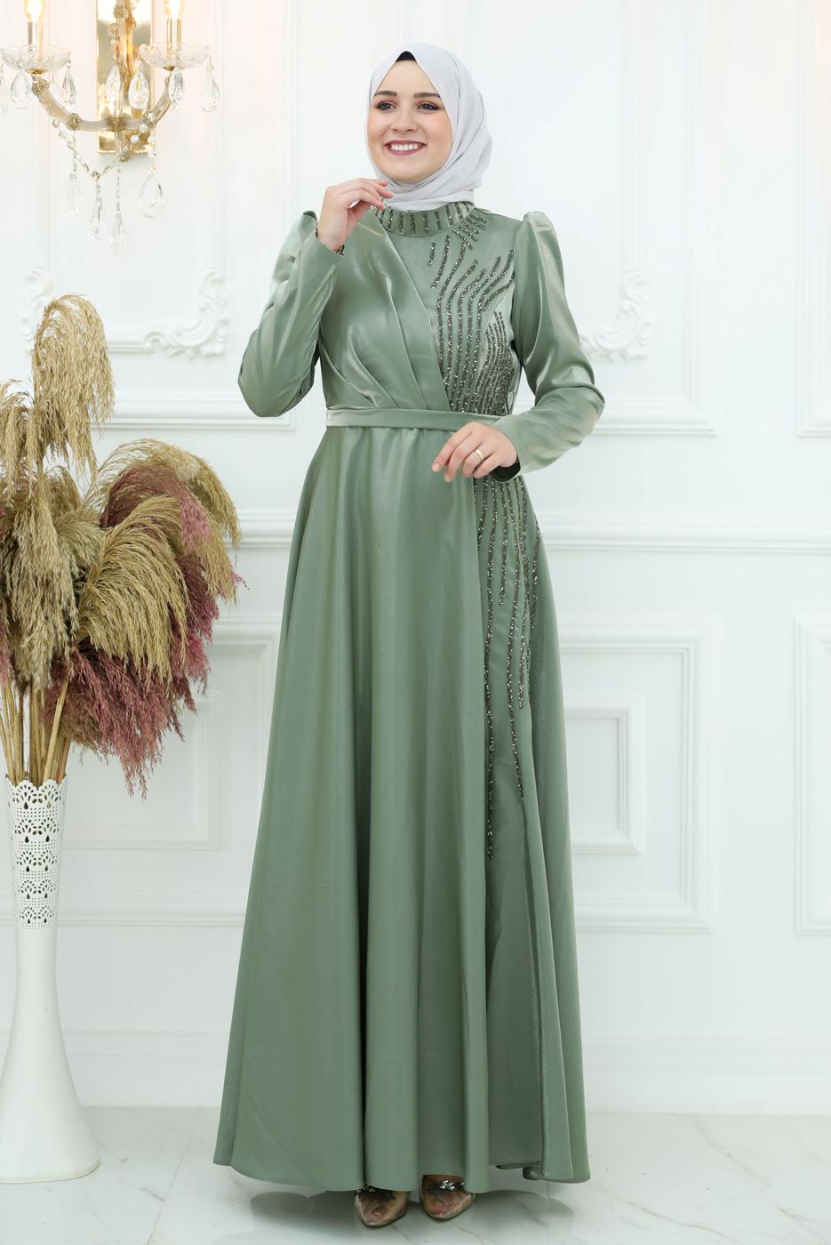 Tesettür giyim YEŞİL TAŞ DETAYLI ABİYE ELBİSE T 8553