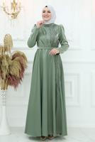 Tesettür giyim YEŞİL TAŞ DETAYLI ABİYE ELBİSE T 8553