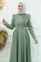 Tesettür giyim YEŞİL TAŞ DETAYLI ABİYE ELBİSE T 8553