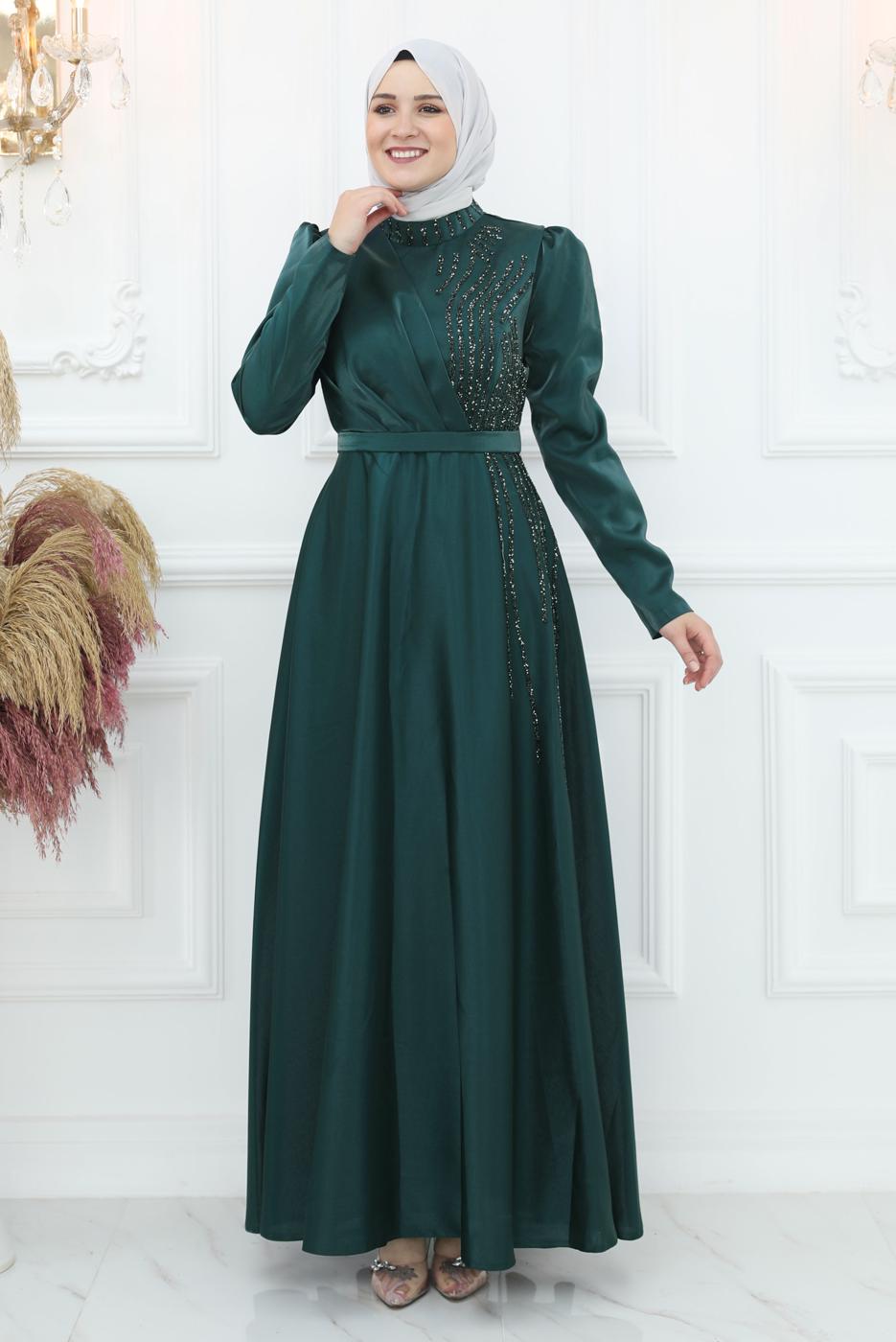 Tesettür giyim YEŞİL TAŞ DETAYLI ABİYE ELBİSE T 8553