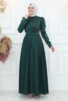 Tesettür giyim YEŞİL TAŞ DETAYLI ABİYE ELBİSE T 8553