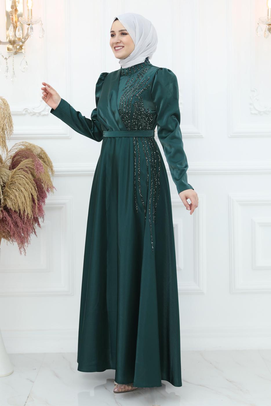 Tesettür giyim YEŞİL TAŞ DETAYLI ABİYE ELBİSE T 8553