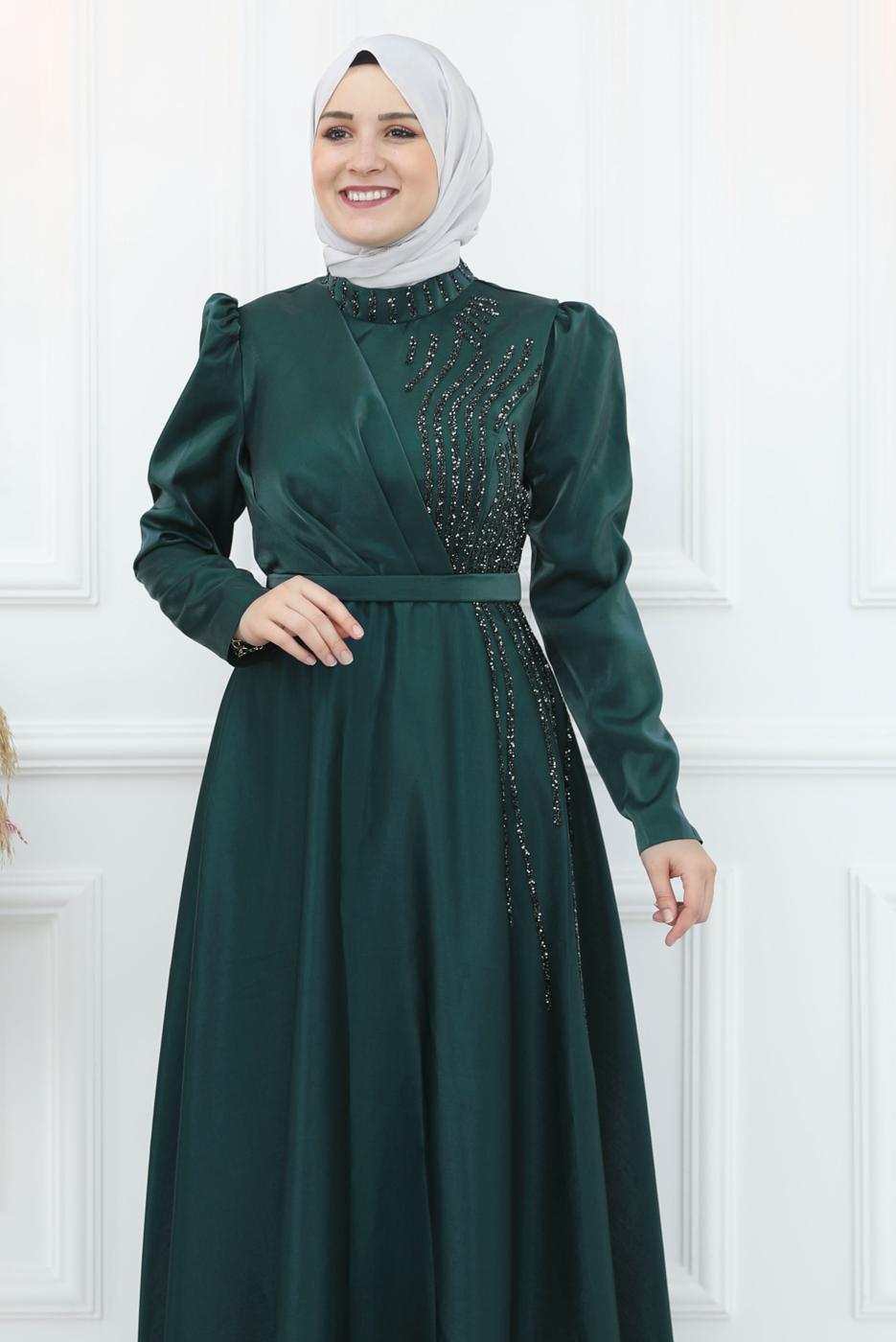 Tesettür giyim YEŞİL TAŞ DETAYLI ABİYE ELBİSE T 8553