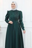 Tesettür giyim YEŞİL TAŞ DETAYLI ABİYE ELBİSE T 8553