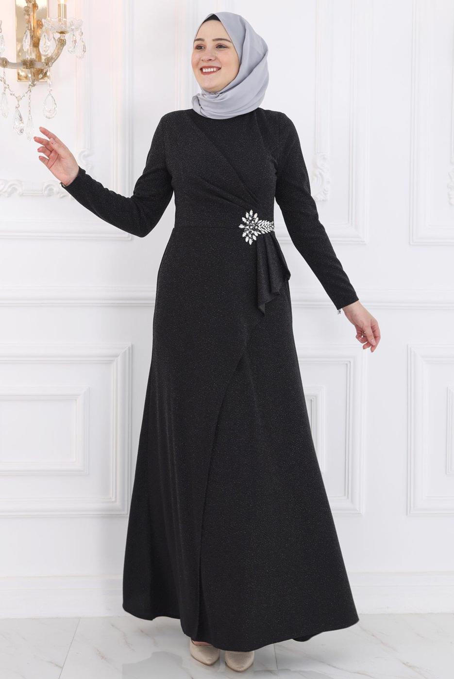 Hijab clothing BLACK EVENING DRESS WITH GEM T 8653
