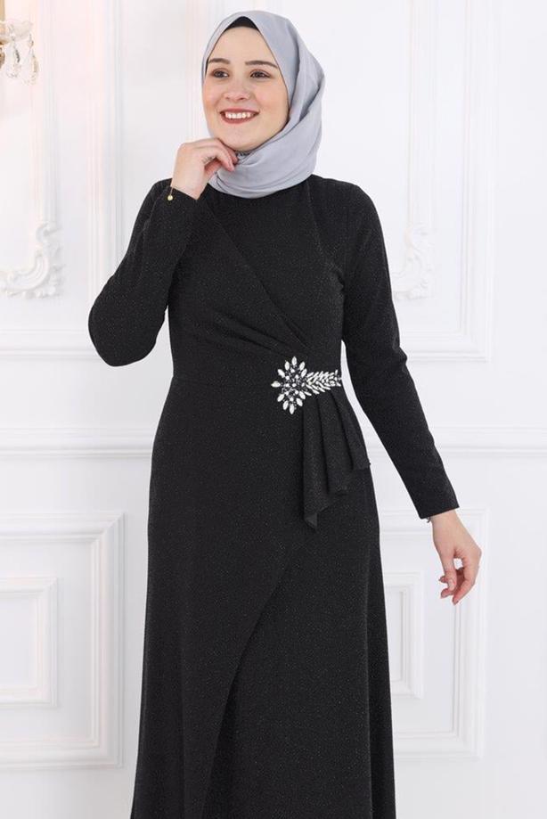 Tesettür giyim SİYAH TAŞLI ABİYE ELBİSE T 8653 - TRENDTESETTÜR