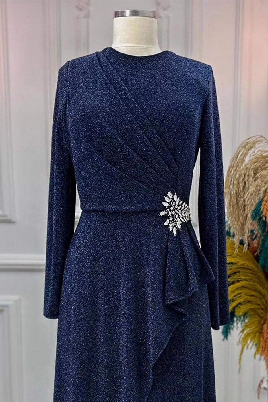 Hijab clothing NAVY BLUE EVENING DRESS WITH GEM T 8653