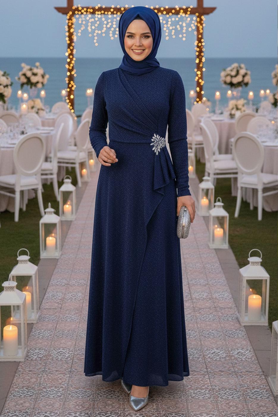 Tesettür giyim LACİVERT TAŞLI ABİYE ELBİSE T 8653