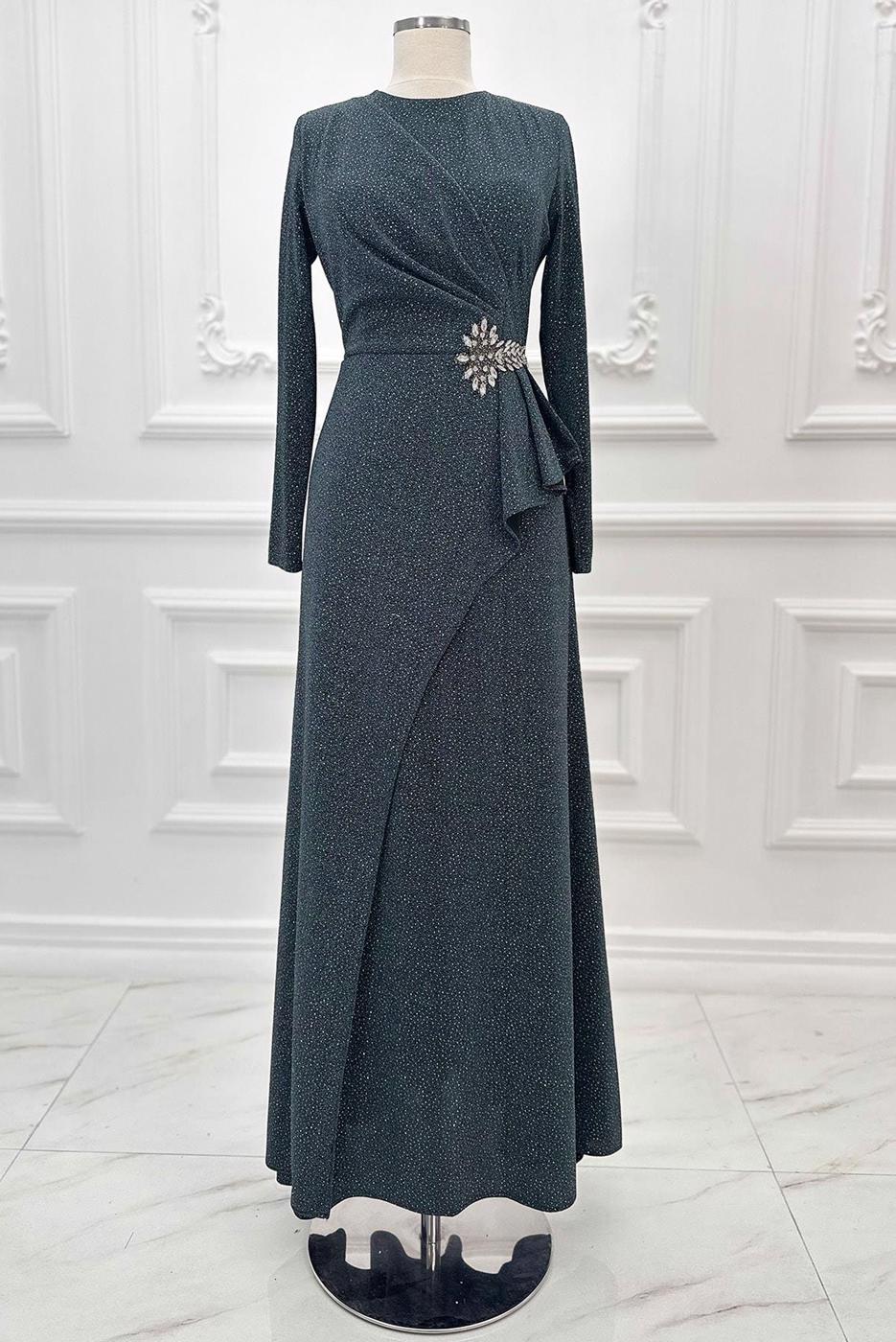 Tesettür giyim GRİ TAŞLI ABİYE ELBİSE T 8653