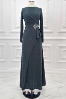 Tesettür giyim GRİ TAŞLI ABİYE ELBİSE T 8653