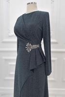 Tesettür giyim GRİ TAŞLI ABİYE ELBİSE T 8653