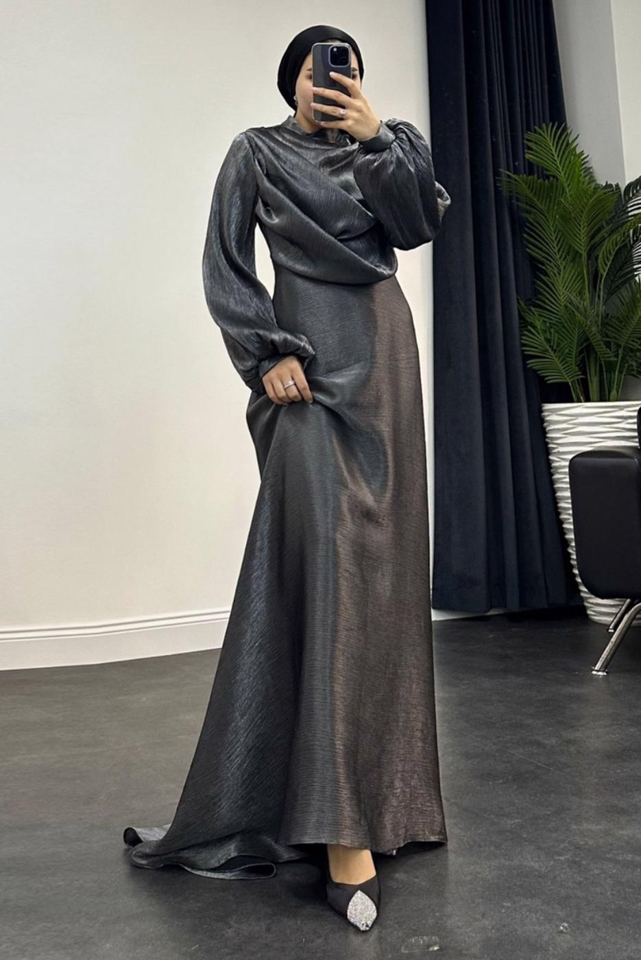 Tesettür giyim SİYAH BALON KOL ABİYE ELBİSE T 8795