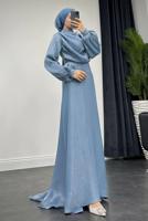 Tesettür giyim LACİVERT BALON KOL ABİYE ELBİSE T 8795