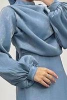 Tesettür giyim LACİVERT BALON KOL ABİYE ELBİSE T 8795