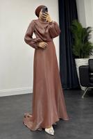 Tesettür giyim PEMBE BALON KOL ABİYE ELBİSE T 8795