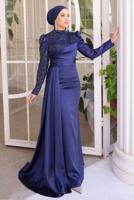 Tesettür giyim LACİVERT SATEN ABİYE ELBİSE T 8854