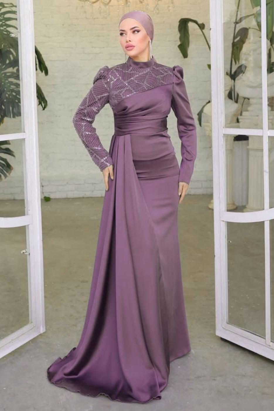 Tesettür giyim MOR SATEN ABİYE ELBİSE T 8854