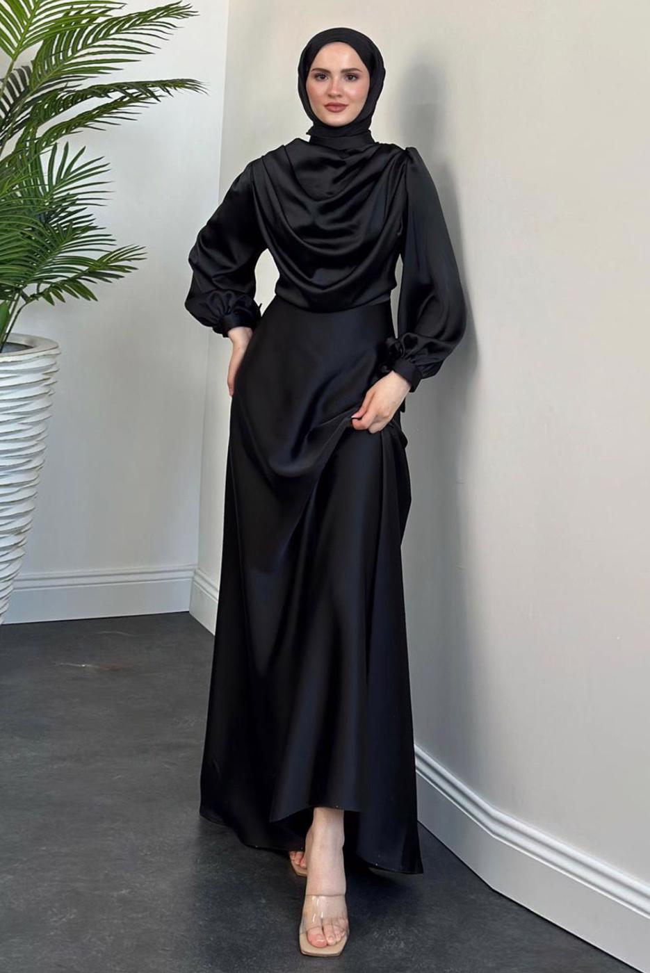 Tesettür giyim SİYAH DEGAJE YAKA ABİYE ELBİSE T 9116