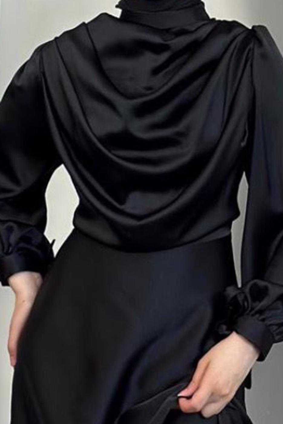 Tesettür giyim SİYAH DEGAJE YAKA ABİYE ELBİSE T 9116