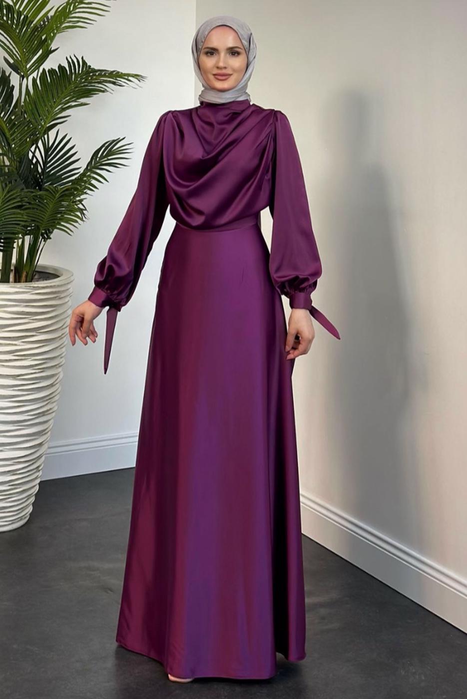 Tesettür giyim MOR DEGAJE YAKA ABİYE ELBİSE T 9116