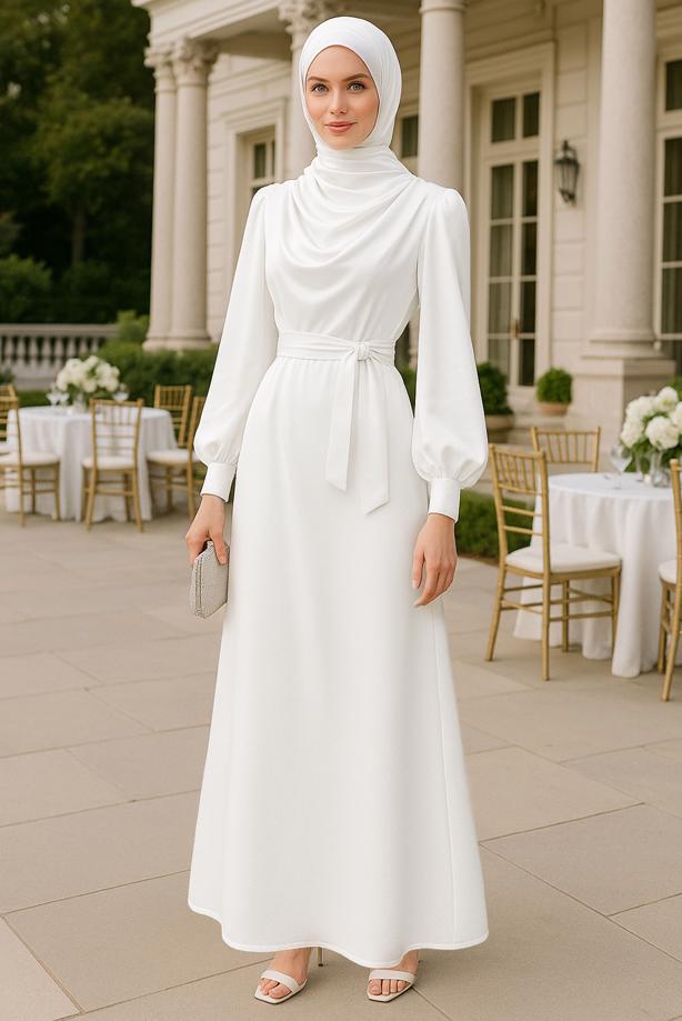 Tesettür giyim EKRU DEGAJE YAKA ABİYE ELBİSE T 9116 - TRENDTESETTÜR