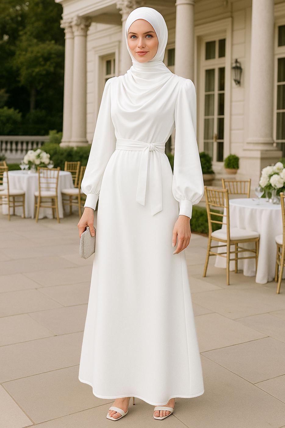 Tesettür giyim EKRU DEGAJE YAKA ABİYE ELBİSE T 9116