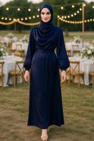 Tesettür giyim LACİVERT DEGAJE YAKA ABİYE ELBİSE T 9116