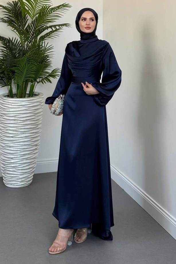 Tesettür giyim LACİVERT DEGAJE YAKA ABİYE ELBİSE T 9116 - TRENDTESETTÜR