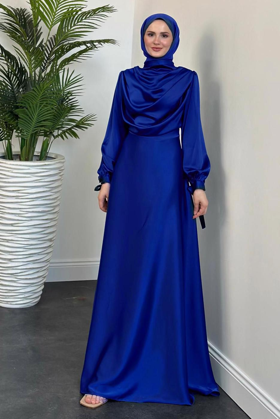 Tesettür giyim LACİVERT DEGAJE YAKA ABİYE ELBİSE T 9116
