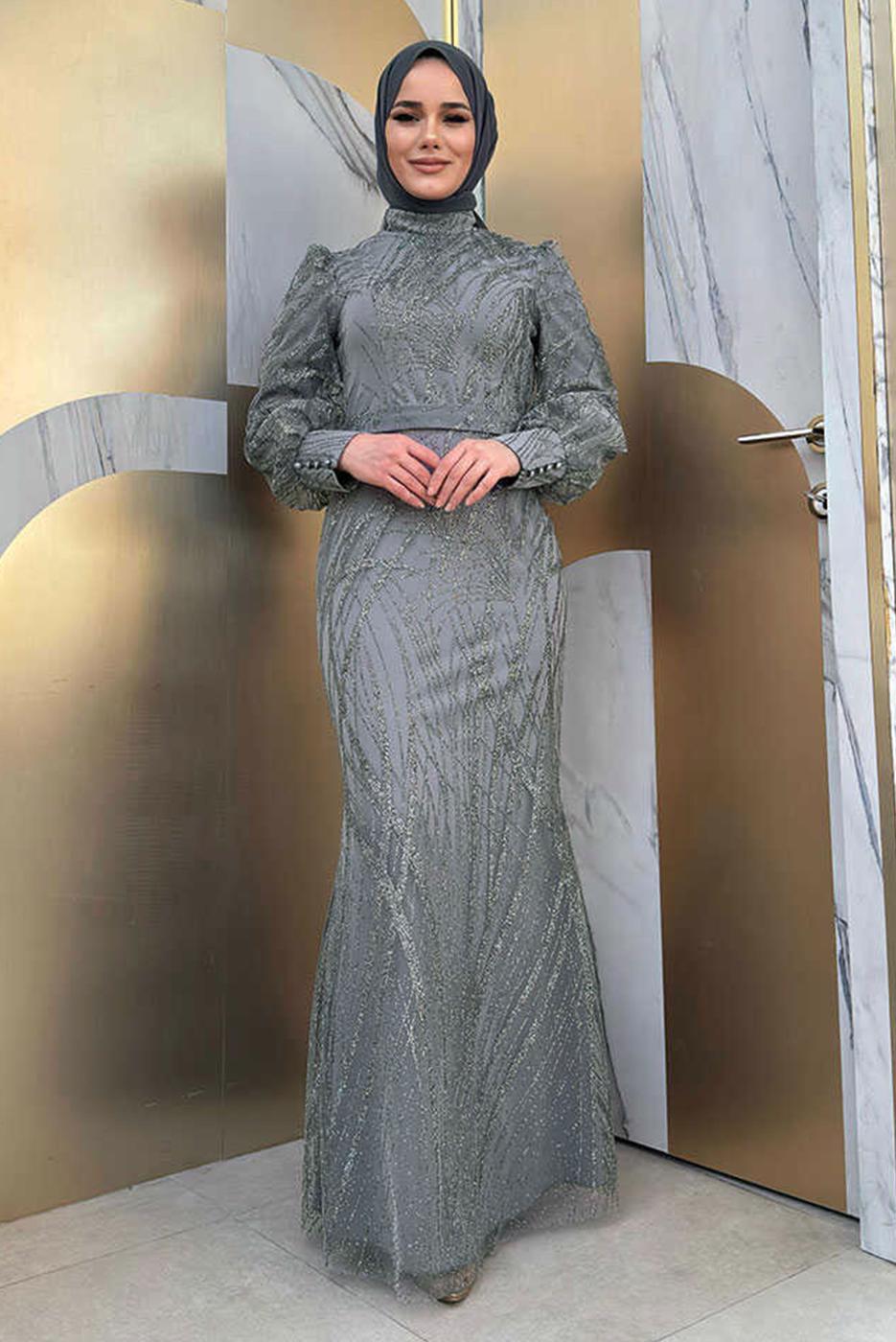 Tesettür giyim GRİ BALIK MODEL ABİYE ELBİSE T 9311