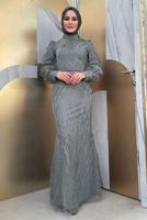 Tesettür giyim GRİ BALIK MODEL ABİYE ELBİSE T 9311