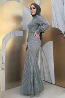 Tesettür giyim GRİ BALIK MODEL ABİYE ELBİSE T 9311