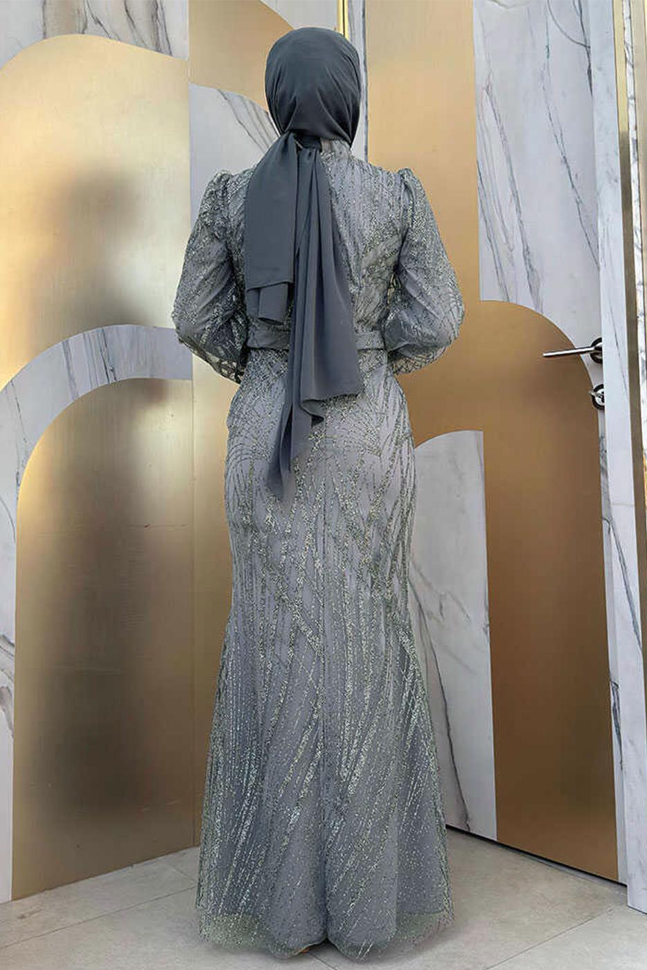 Tesettür giyim GRİ BALIK MODEL ABİYE ELBİSE T 9311