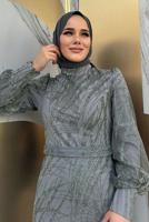 Tesettür giyim GRİ BALIK MODEL ABİYE ELBİSE T 9311