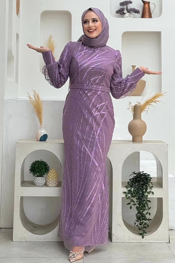 Tesettür giyim MOR BALIK MODEL ABİYE ELBİSE T 9311 - TRENDTESETTÜR