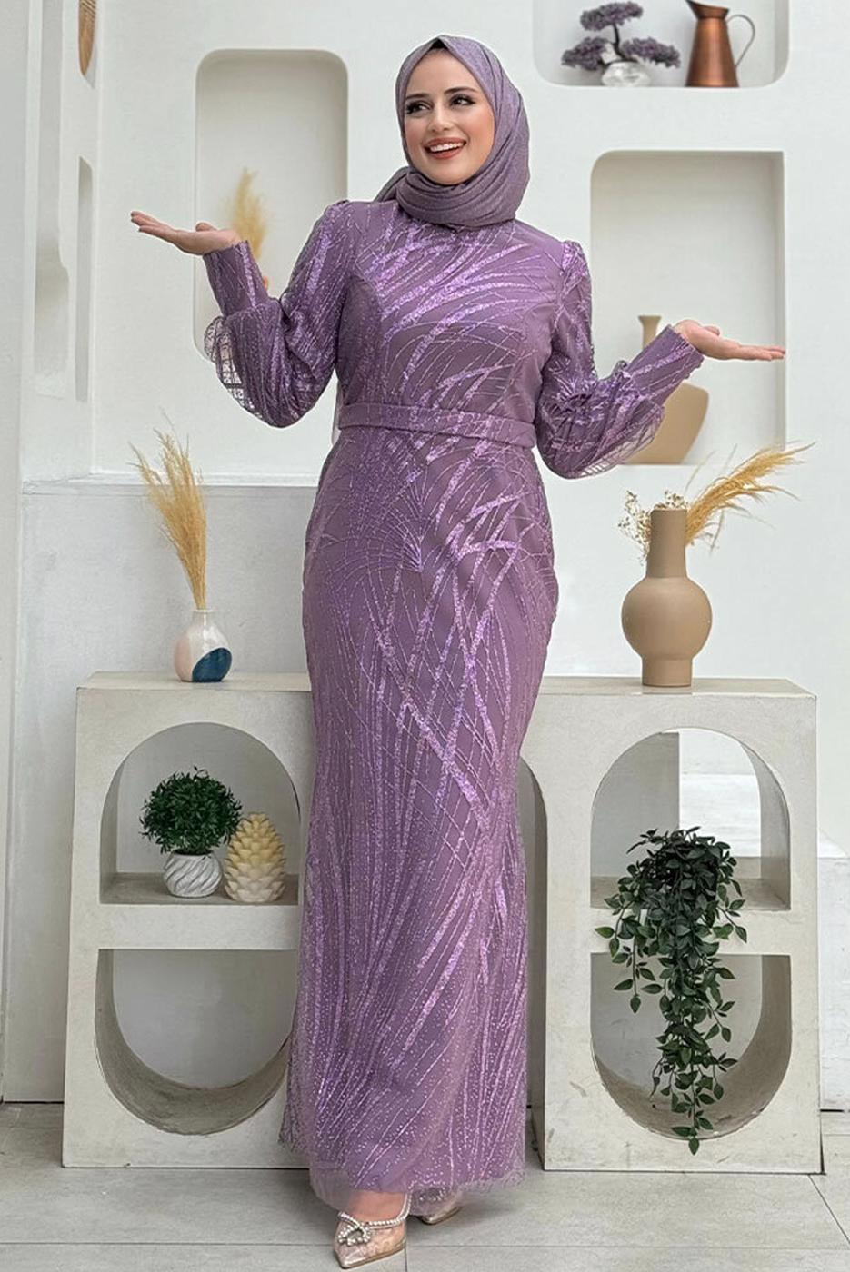 Tesettür giyim MOR BALIK MODEL ABİYE ELBİSE T 9311