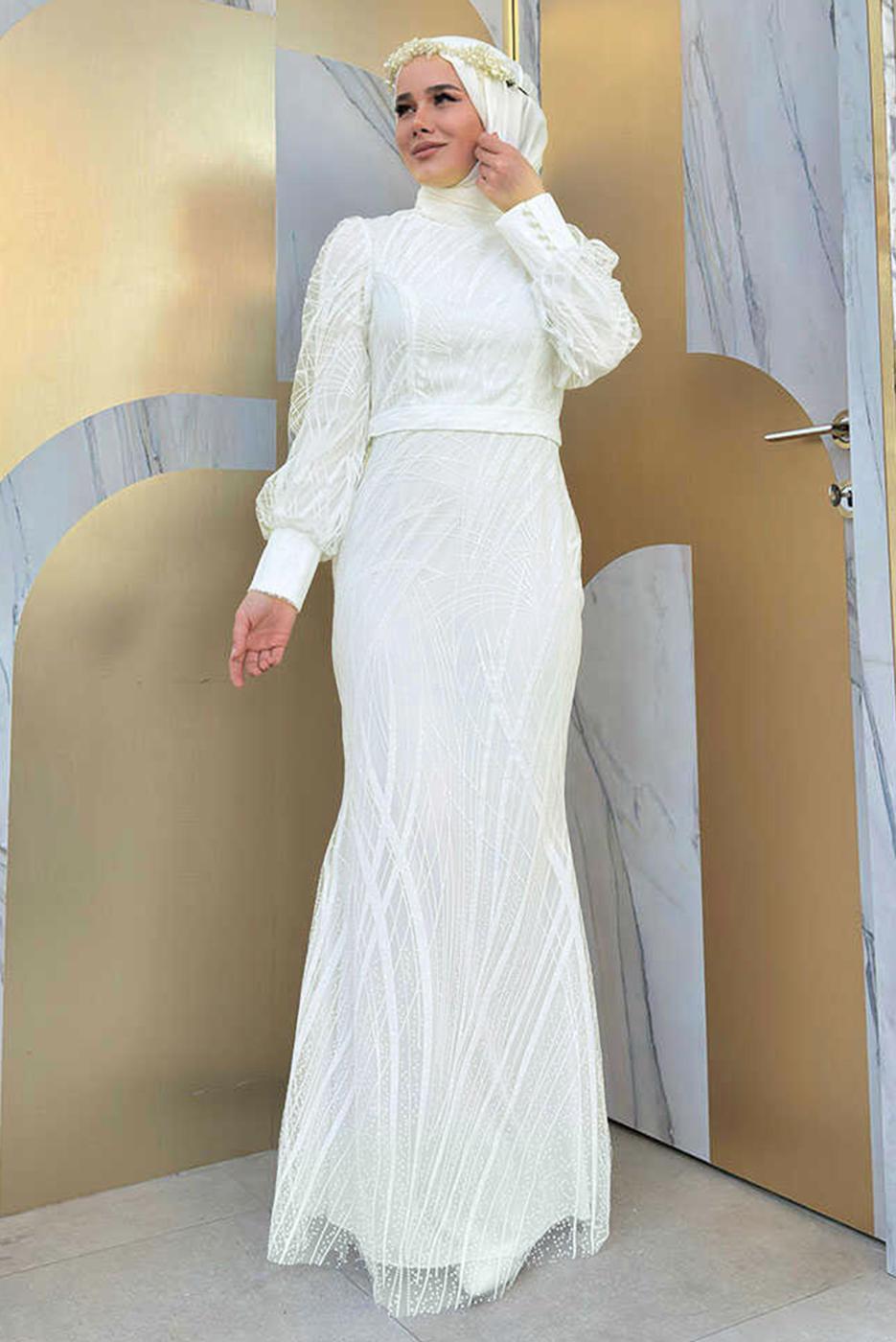 Tesettür giyim EKRU BALIK MODEL ABİYE ELBİSE T 9311