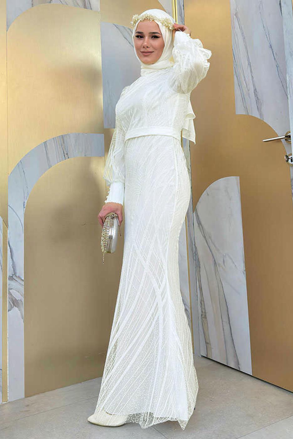 Tesettür giyim EKRU BALIK MODEL ABİYE ELBİSE T 9311