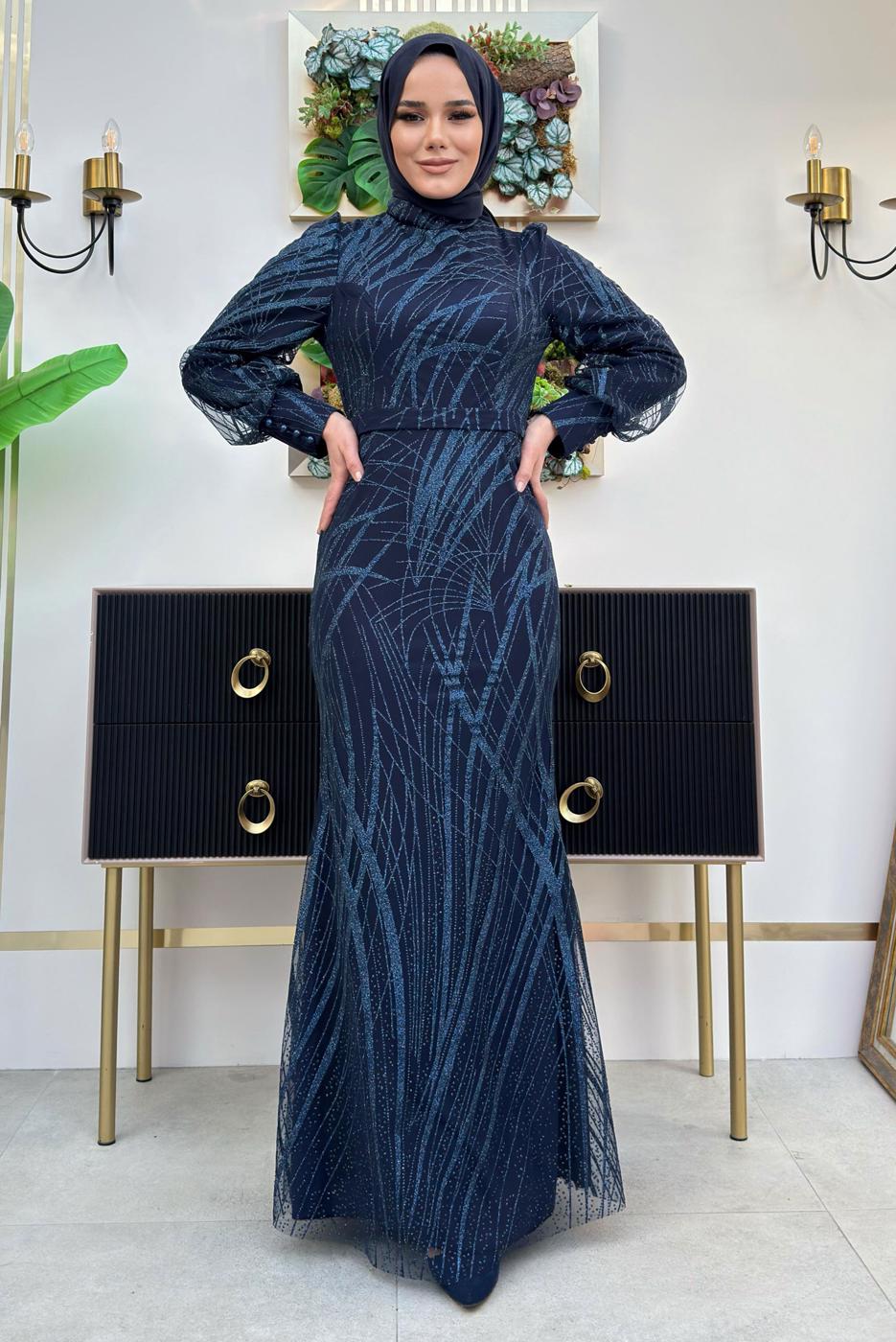 Tesettür giyim LACİVERT BALIK MODEL ABİYE ELBİSE T 9311