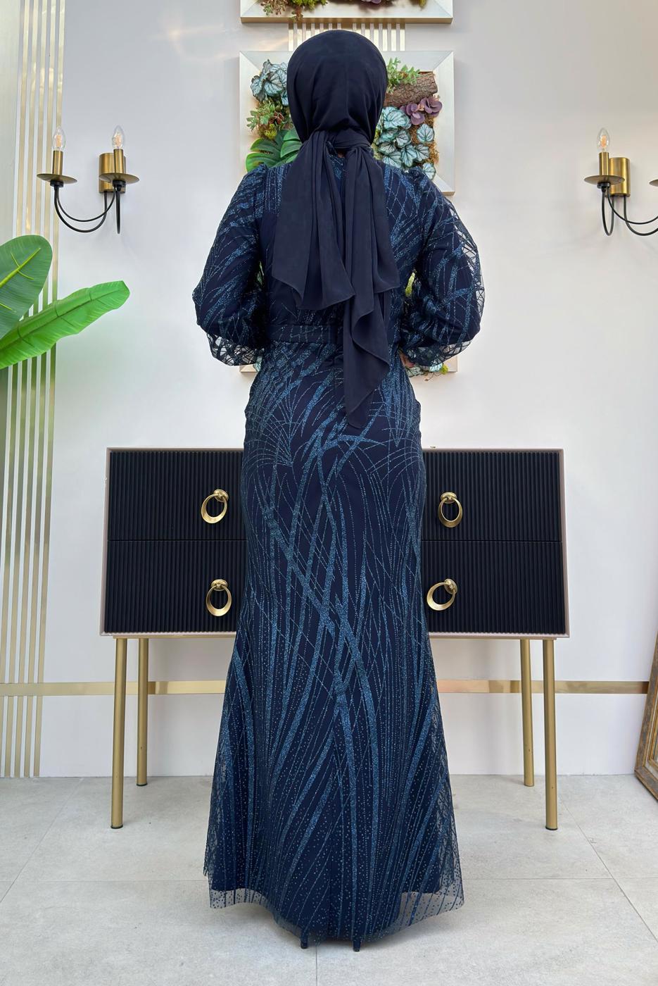 Tesettür giyim LACİVERT BALIK MODEL ABİYE ELBİSE T 9311