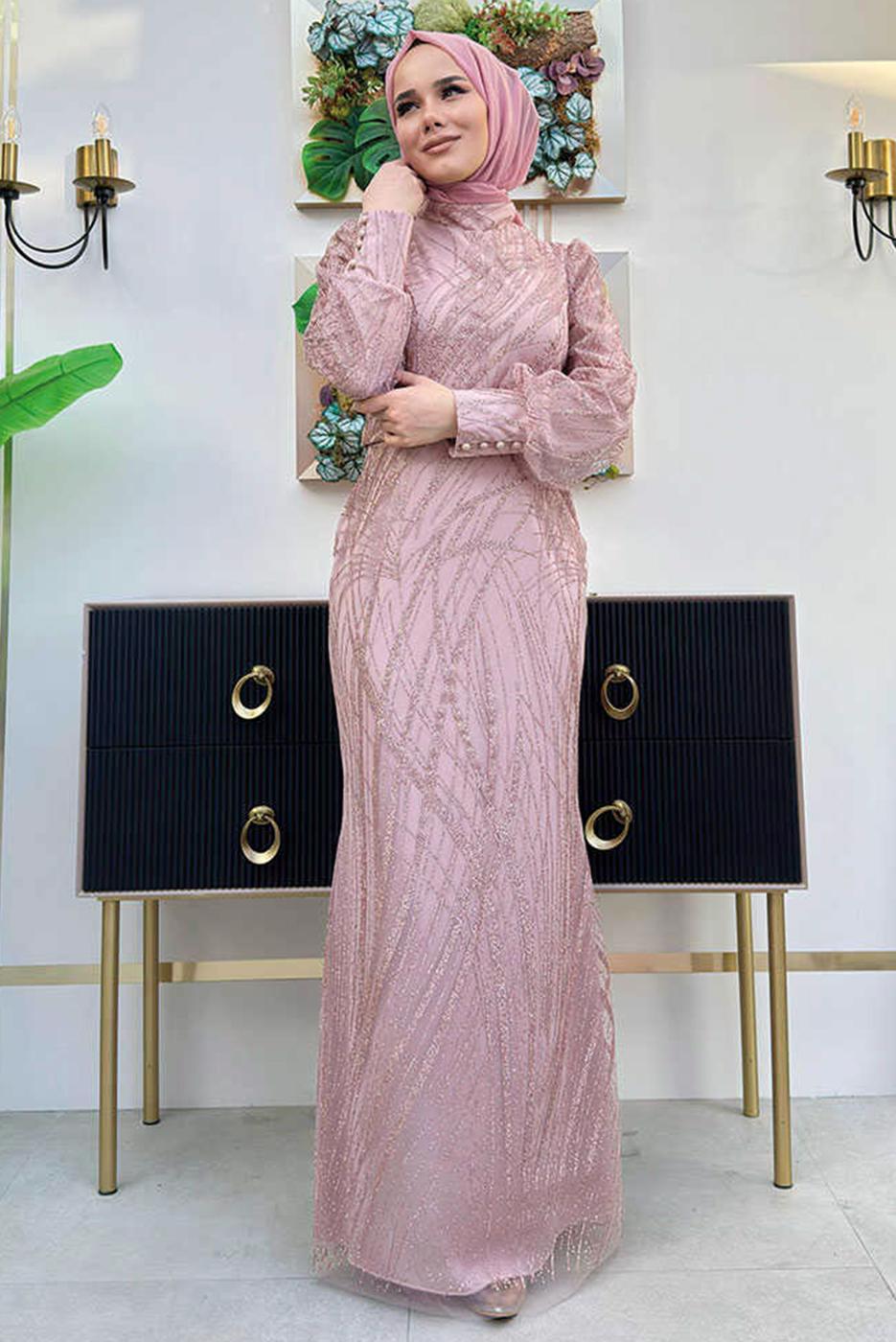 Tesettür giyim PEMBE BALIK MODEL ABİYE ELBİSE T 9311