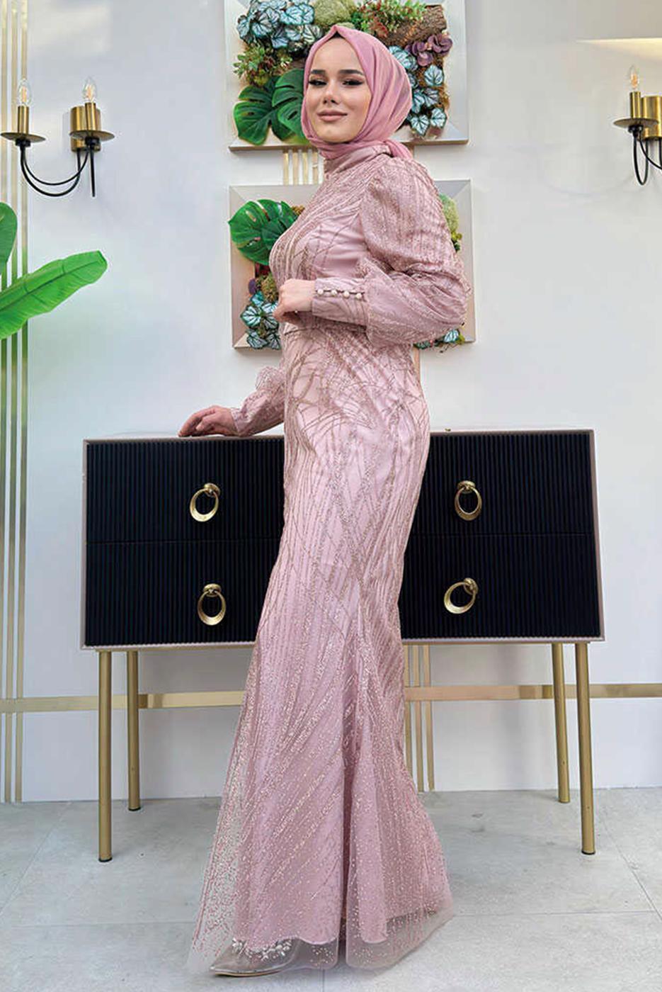 Tesettür giyim PEMBE BALIK MODEL ABİYE ELBİSE T 9311