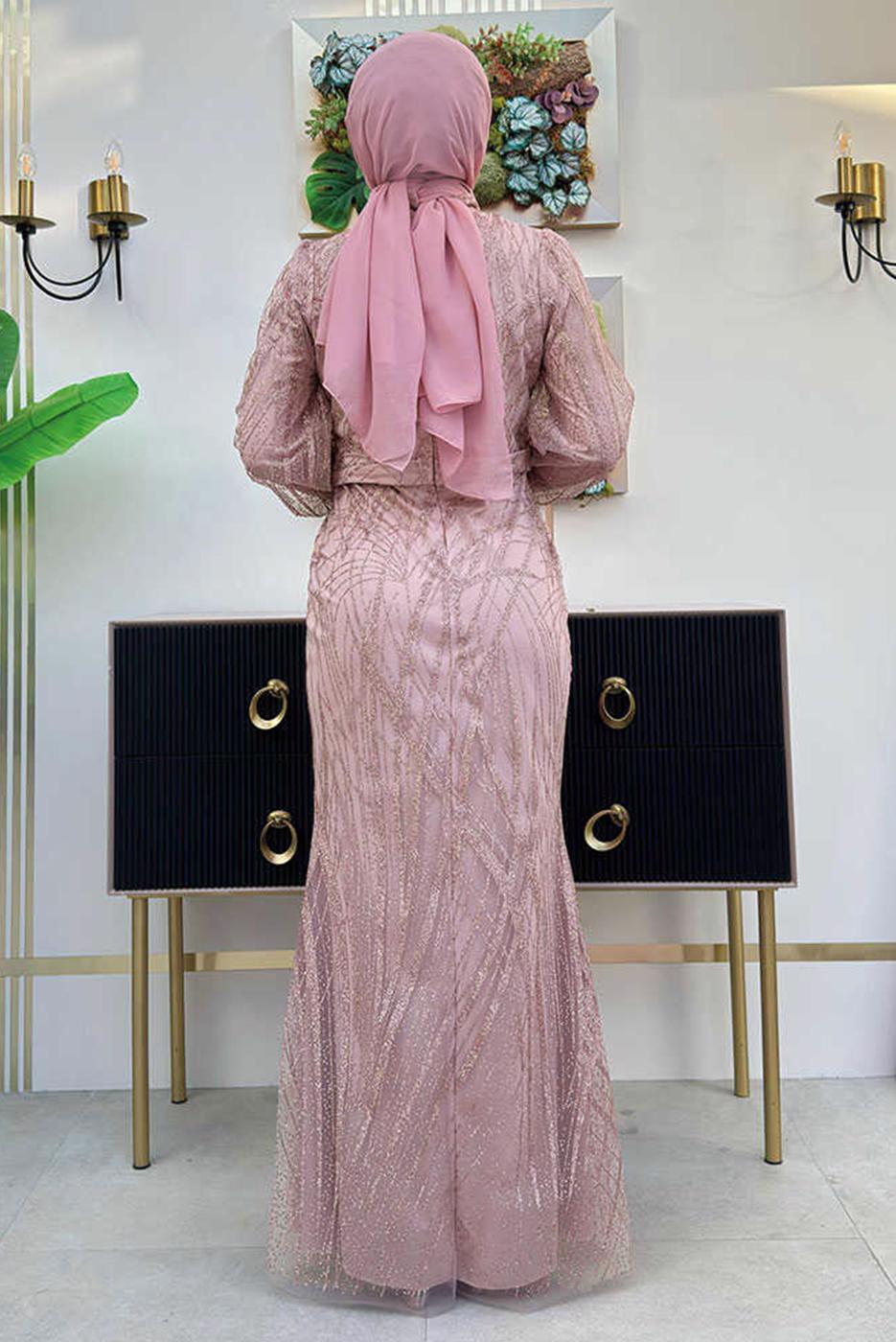 Tesettür giyim PEMBE BALIK MODEL ABİYE ELBİSE T 9311