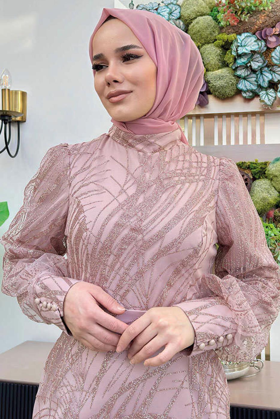 Tesettür giyim PEMBE BALIK MODEL ABİYE ELBİSE T 9311