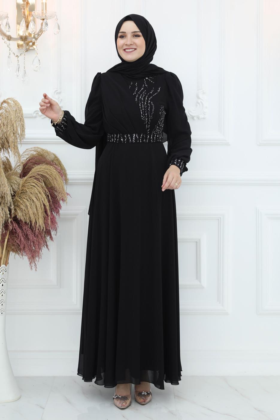 Hijab clothing BLACK BELTED EVENING DRESS T 9553