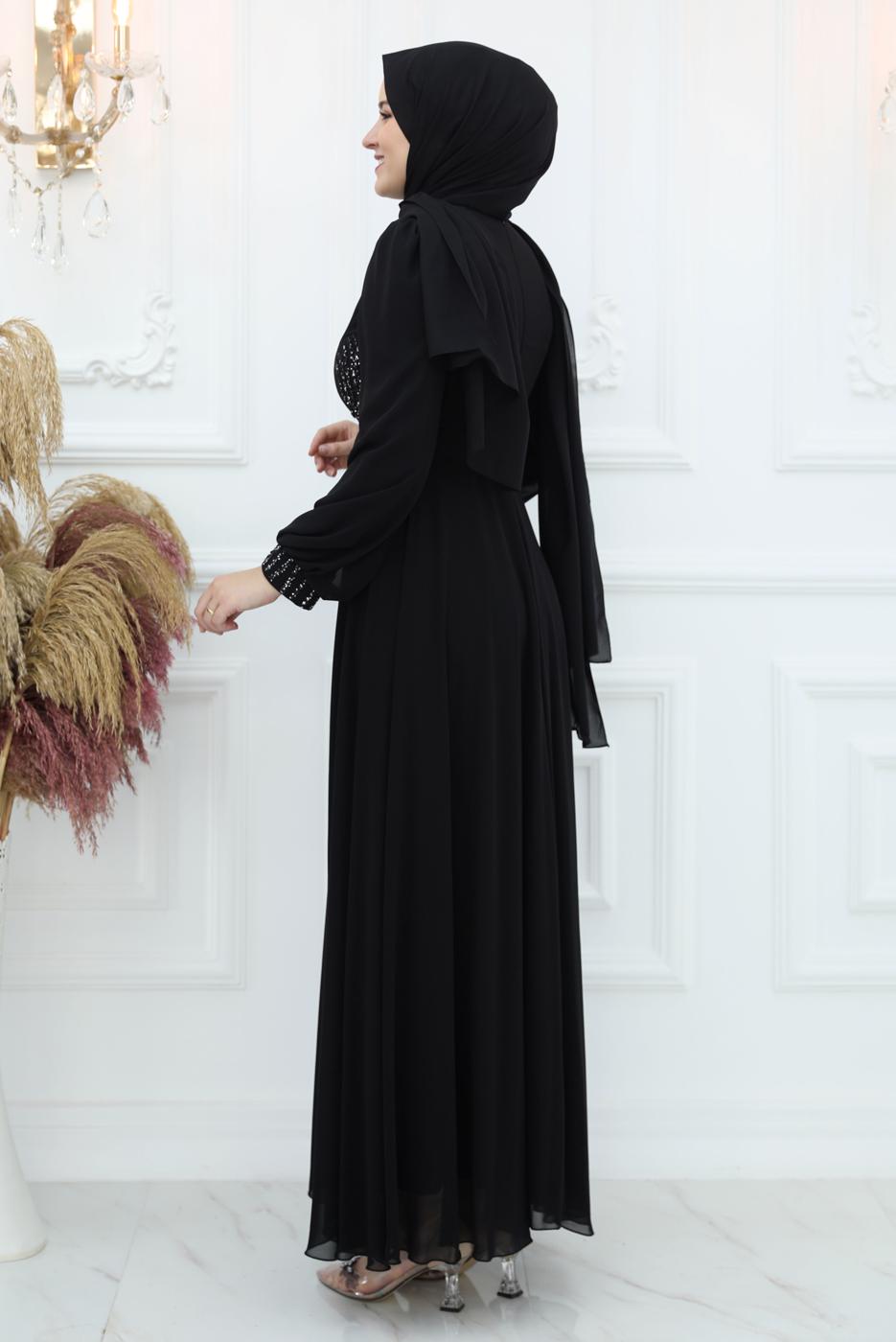 Hijab clothing BLACK BELTED EVENING DRESS T 9553