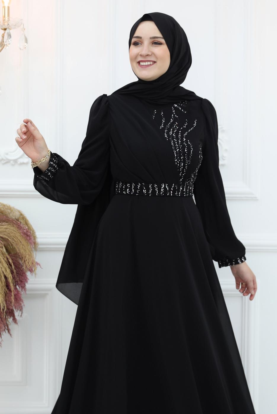 Hijab clothing BLACK BELTED EVENING DRESS T 9553
